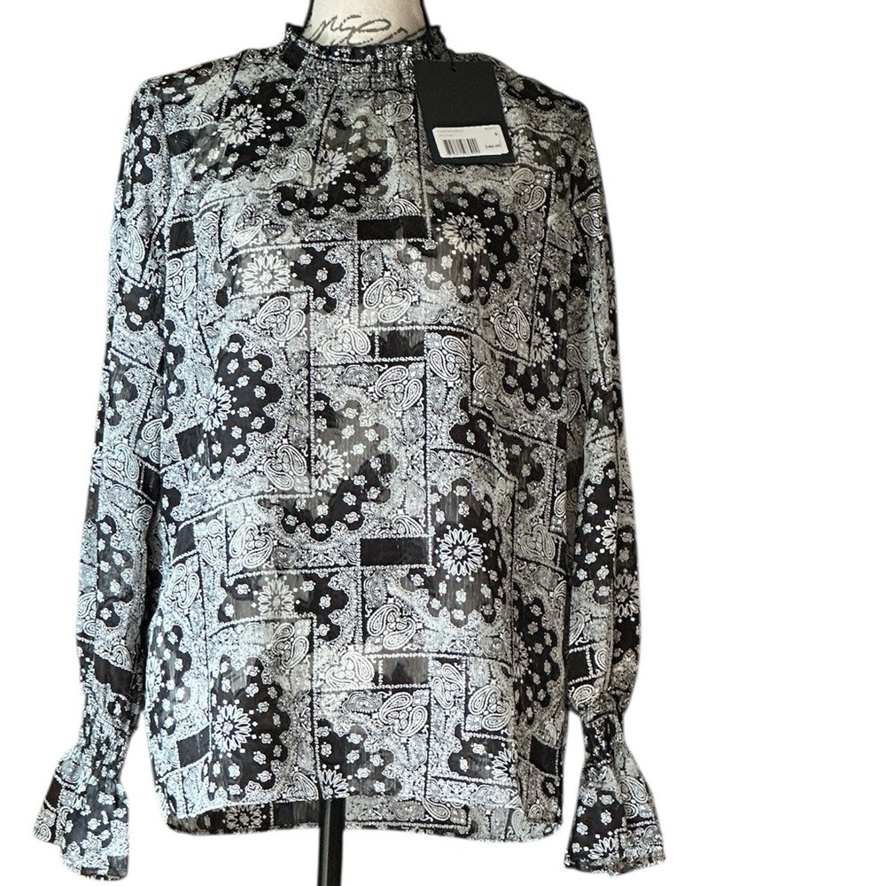 New The Kooples Black and Gray Ruffled Neck and Long Sleeve Blouse Size M nwt